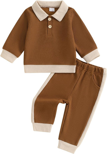 Toddler Boy Fall Clothes Baby Long Sleeve Lapel Button Shirt Color Block Pants Set Baby Boy Winter Outfit