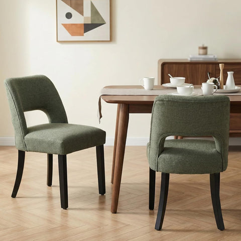 Wooden Dining Chairs Set of 2, Mid-Century Modern Fabric Upholstered Kitchen Chairs with Foot Pegs, Green