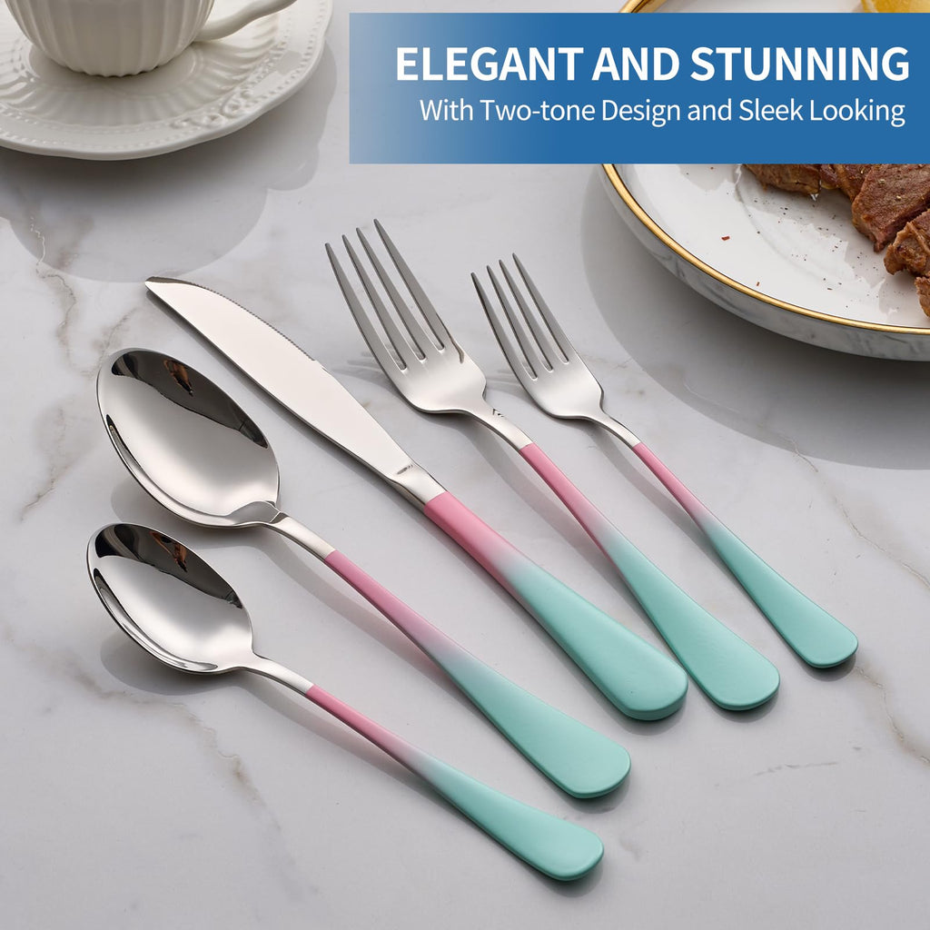 20-Piece pink & green Silverware Set, 18/0 Stainless Steel Colorful Handle Flatware Set, Service for 4, Modern Cutlery