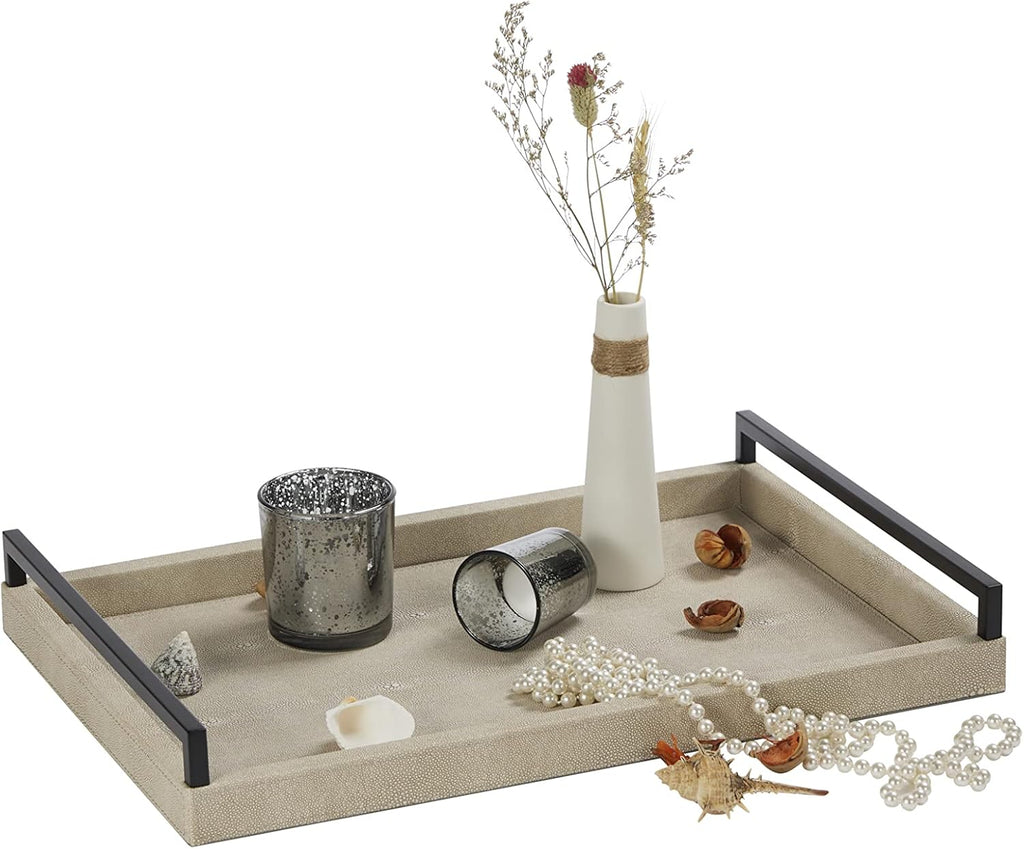 Sagala Ivory Shagreen Serving Tray for Ottoman, Faux Leather Wooden Decorative Tray with Black Handle for Coffee