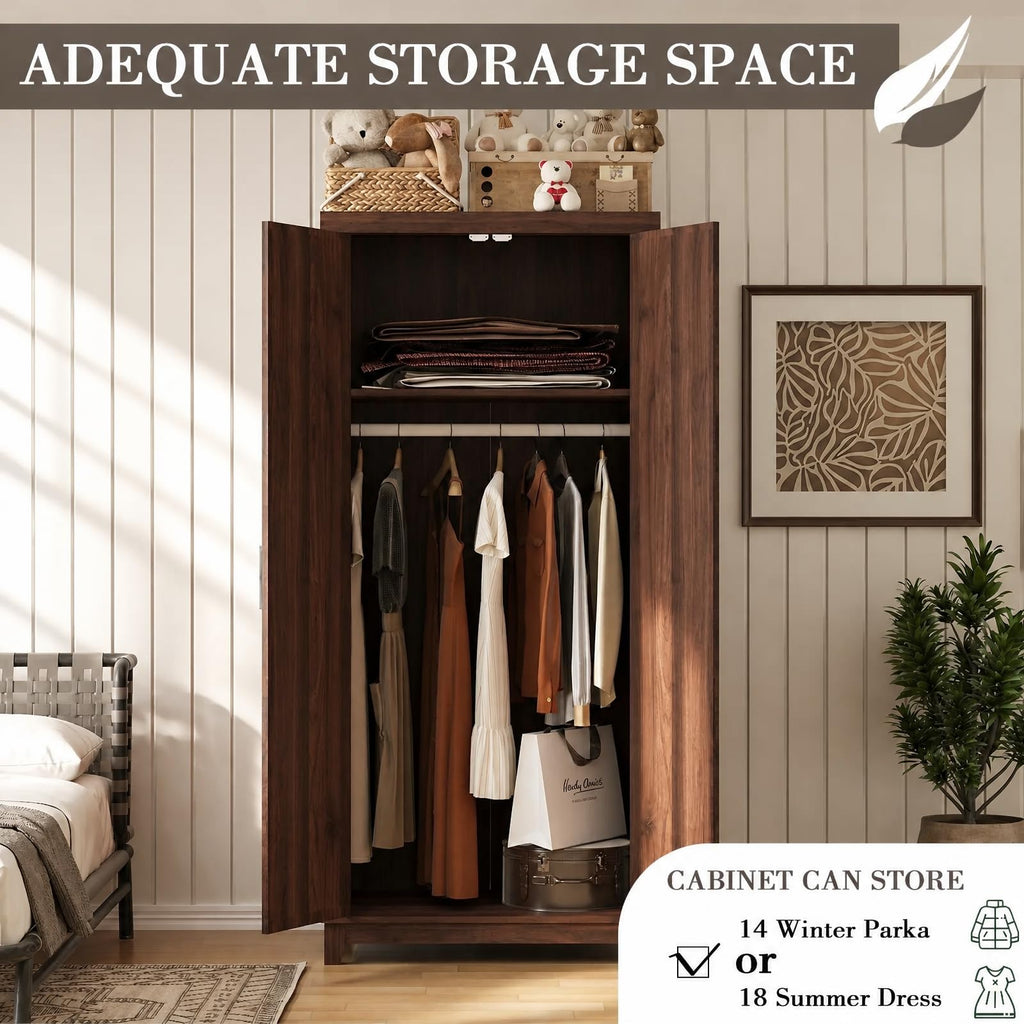 70" Tall Wooden Wardrobe Closet with Doors, Espresso