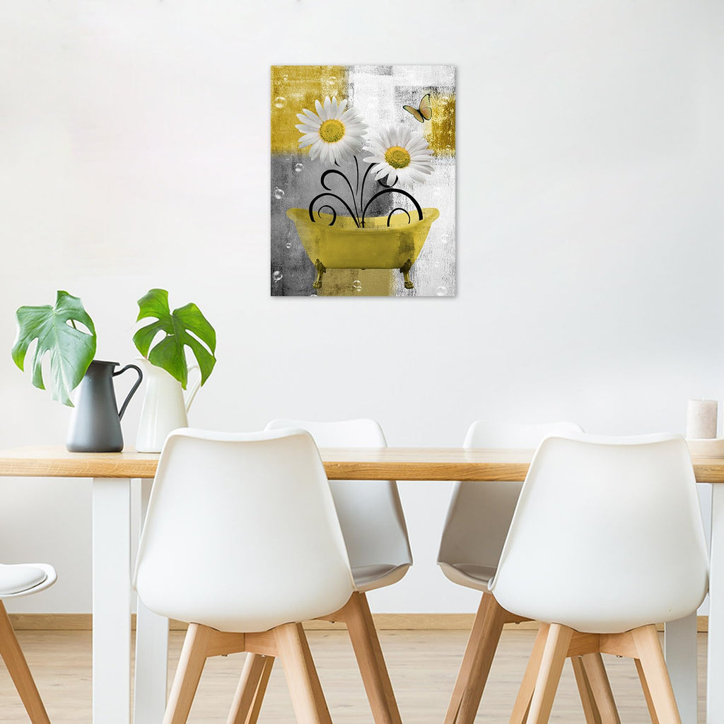 Farmhouse Floral Wall Art, Yellow Flower and Butterfly Canvas Wall Art Modern Grey and White Abstract Geometric