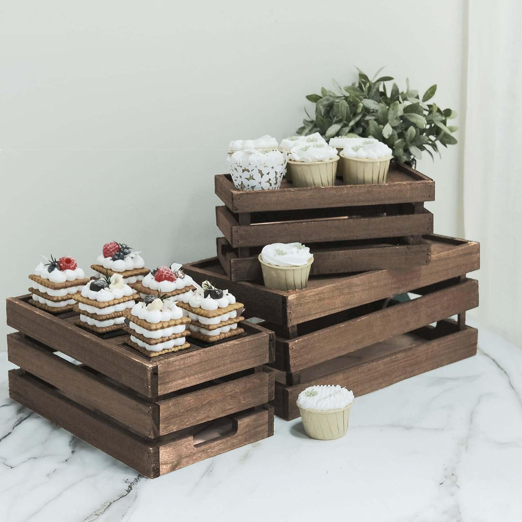 Set of 3 Brown Rustic Wooden Nesting Crates with Built-in Handles, Decorative Farmhouse Storage Boxes and Display