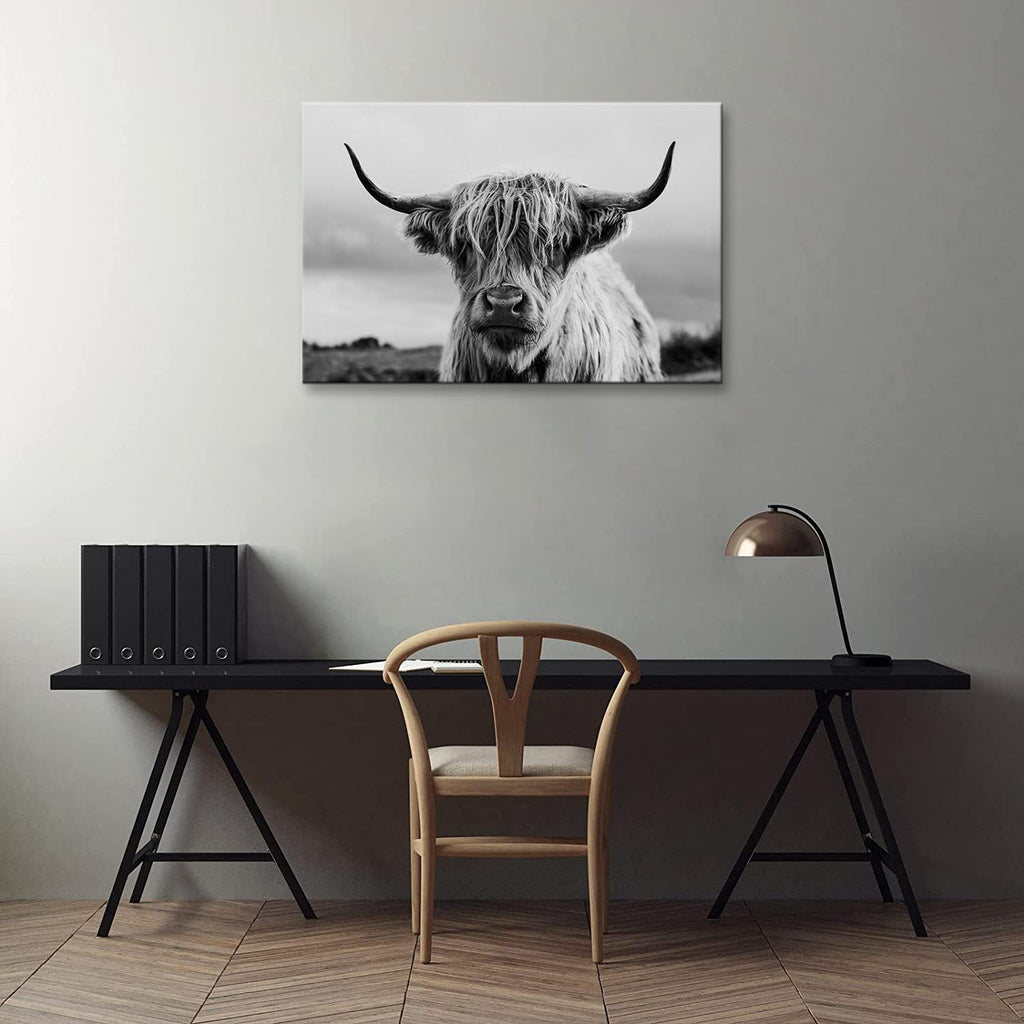 Highland Cow Wall Art Canvas Print Black and White Animal Canvas Picture Framed Art Wall Decor Bathroom (20x30 inch)