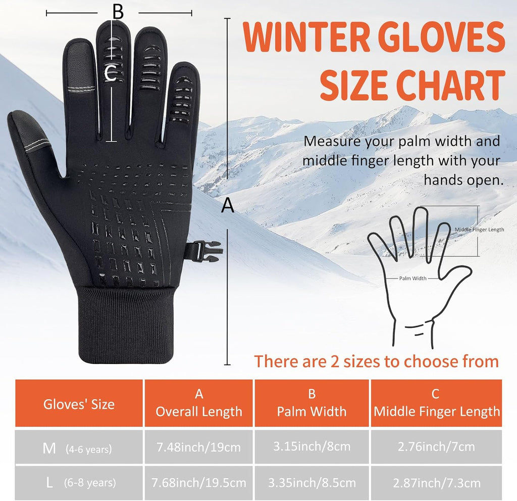Kids Winter Gloves Waterproof Touchscreen Warm Fleece Anti-Slip for Boys Girls Children Black