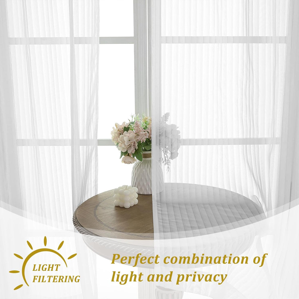 White Striped Kitchen Curtains - Short Semi Sheer Cafe Curtains Tier 36 Inch Length 2 Panels Set, Light Filtering