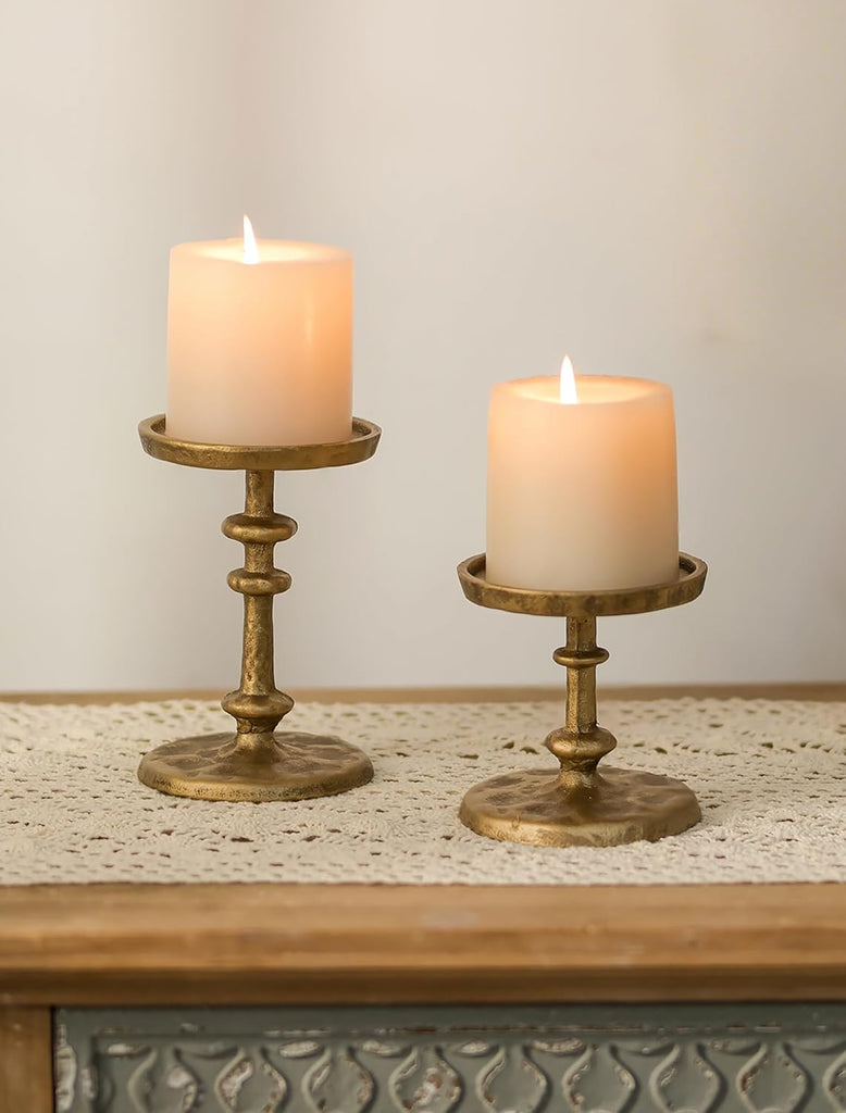 Gold Candle Holders for Pillar: Antique Brass Cast Iron Candle Stand | Handcrafted Hammered Decor for 3 Inch Pillars