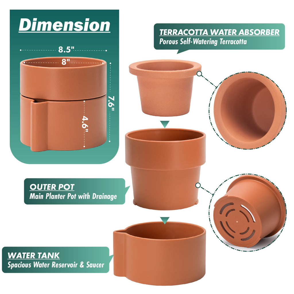 8 Inch Self-Watering Planter Pot with Terracotta Insert, Deep Water Reservoir, and Ceramic-Alike BPA-Free Plastic
