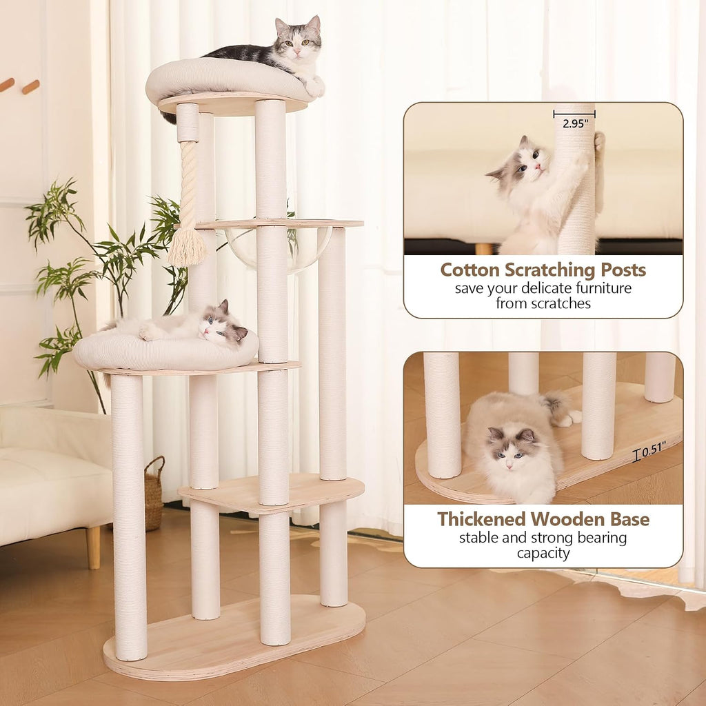 59" Modern Cat Tree Multi-Level Large Cat Tower Heavy Duty Wooden Cat Tree with Hammock, Cotton Scratching Post