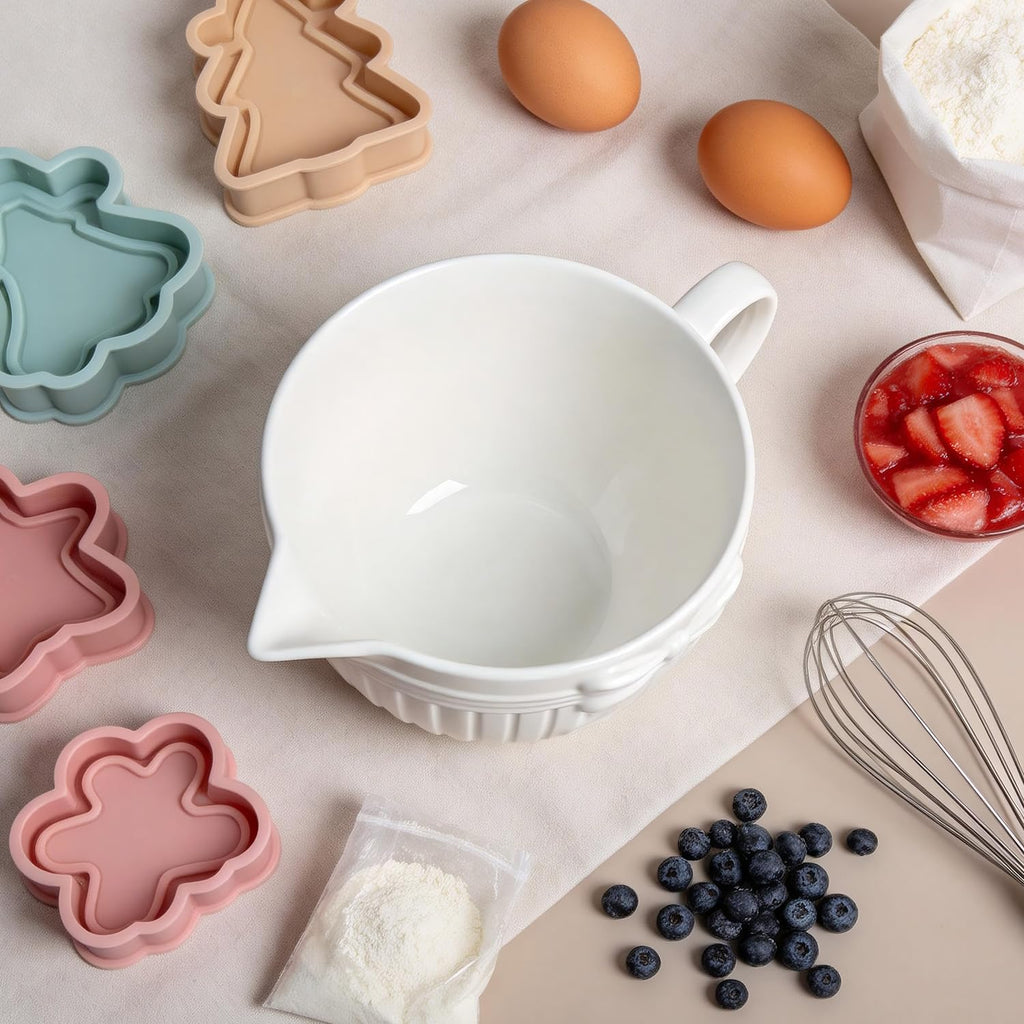 Bow Embossed Ceramic Mixing Bowl, 1 Quart Batter Bowl, with Pouring Spout and Handle, White
