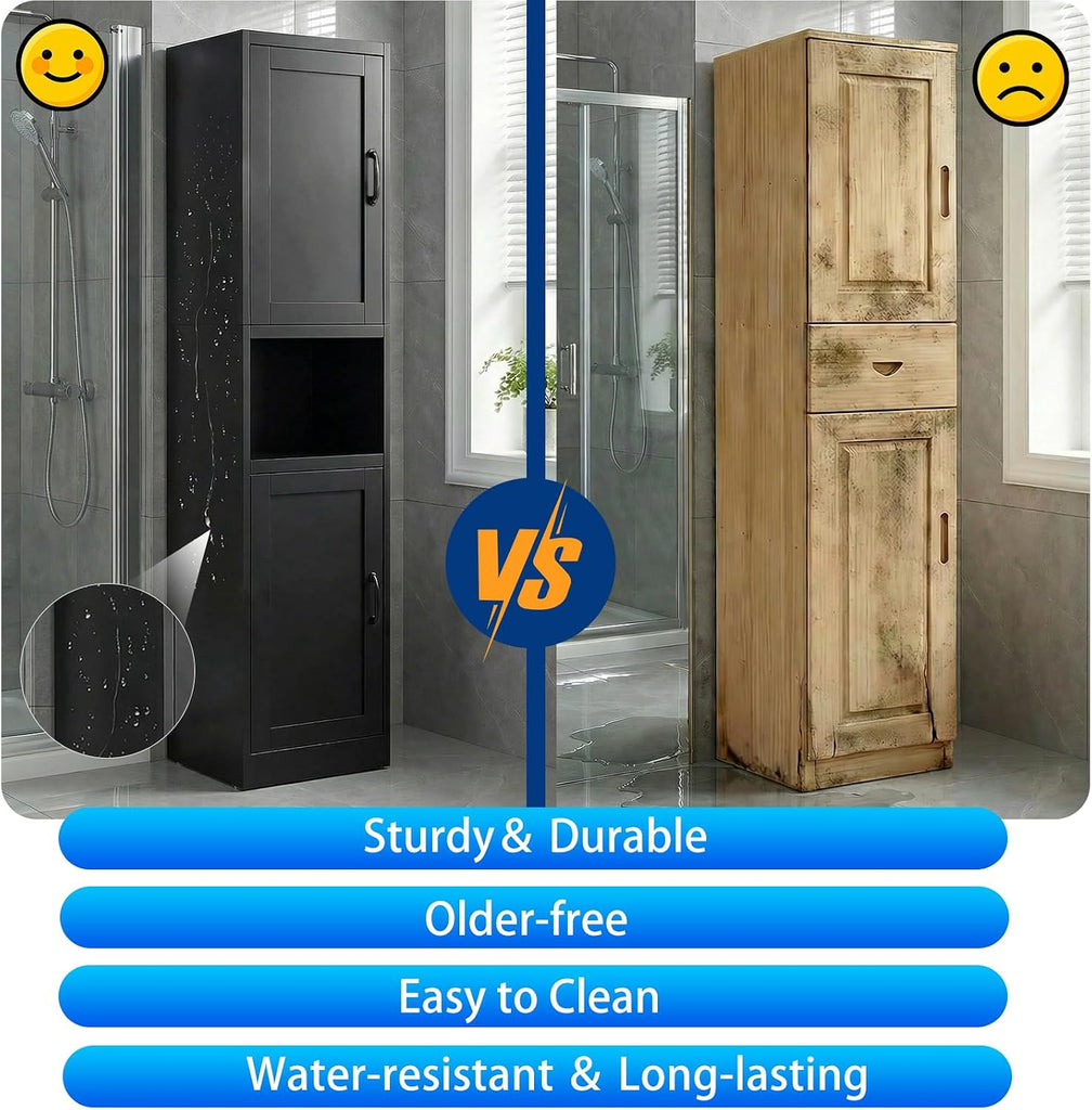 67" Metal Bathroom Storage Cabinet, Black | Tall Narrow Design, 2 Doors & 6 Shelves, Slim Skinny Cabinet, Multi-Room