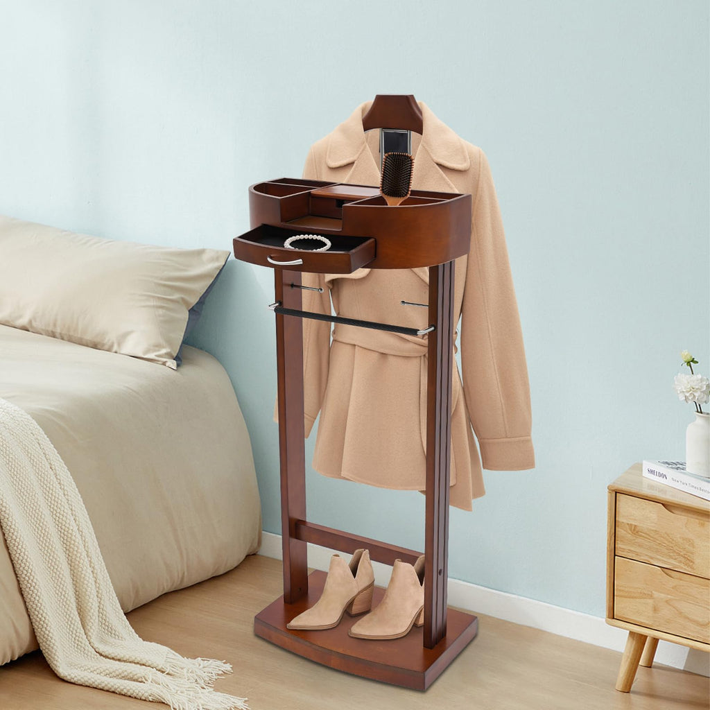 Wood Valet Stand With Wood Base, Freestanding Wooden Clothes Valet Stand Organizer with Hanger, Pant Rod, Drawer