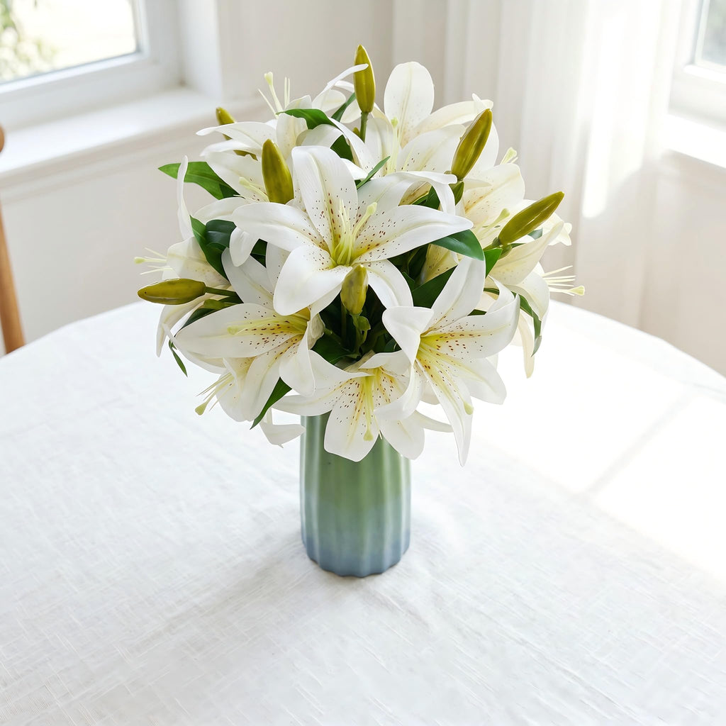 Artificial Lilies Flowers, 9 Pcs Faux Lily Flowers, 16''Tiger Lily Branches with 2 Full Blooms and 1 Bud, Faux Fake