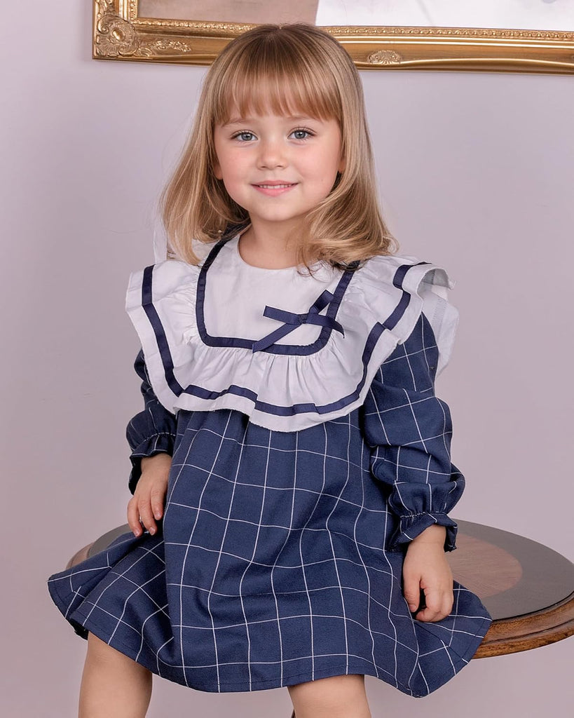 Toddler Girls Vintage Plaid Dress | Soft Cotton Princess Ruffle Dress with Bow | Long Sleeve Fall Heirloom Outfit