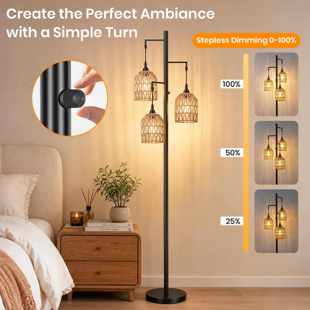 70'' Tall Floor Lamp, 3-Light Rattan Standing Lamp, Black