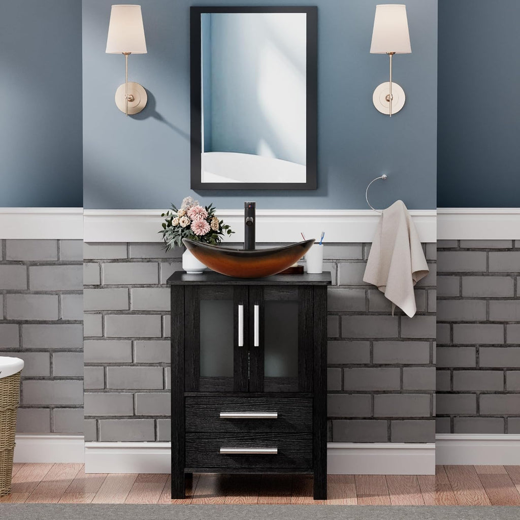 UEV 24" Black Bathroom Vanity with Vessel Sink,Modern Bathroom Vanity Cabinet