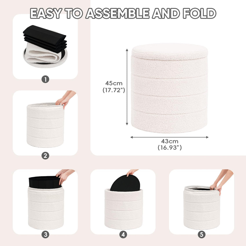 Round Folding Storage Ottoman, Cream Boucle Footstool