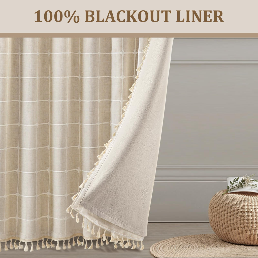 Boho Blackout Plaid Curtains 84 Inch Drapes Linen Blend 2 Panels