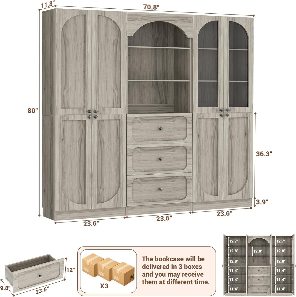 80" Tall Bookcase System with 3 Drawers & Tempered Glass Doors | Arched Bookshelf with Flush Wall Fit, Wooden Pantry
