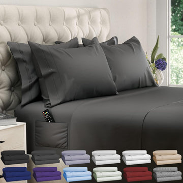 Sheets Set - 6 pcs Breathable Cooling Bed Sheets - up to 21" Extra Deep Pocket Sheet Set with Side Pockets
