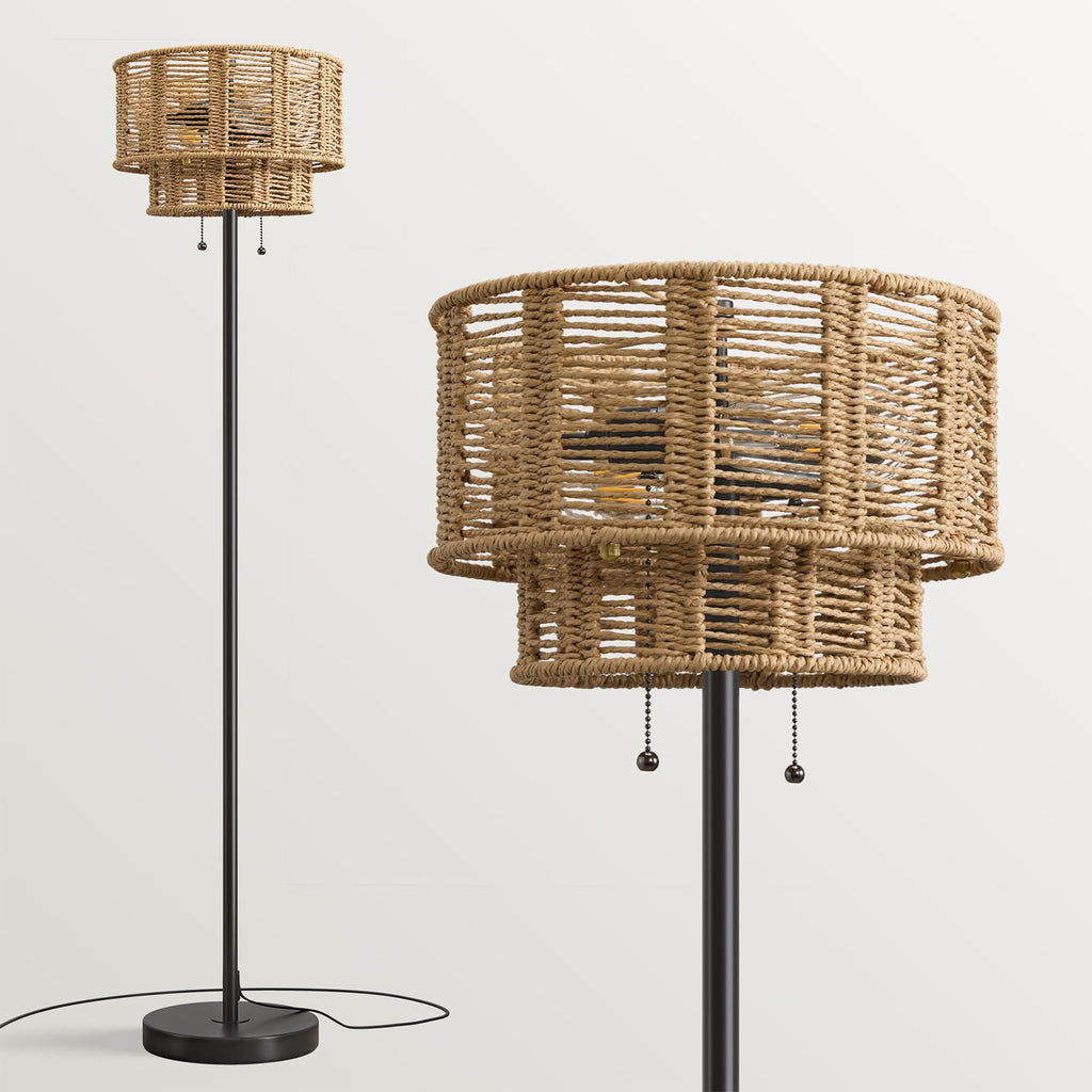 60" Farmhouse Floor Lamps, Pull Chain&Rattan Shade