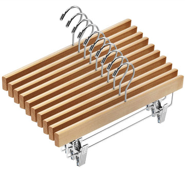 20pcs Wooden Pants Hangers Solid Pants Hanger with Adjustable Clips 14 Inch Natural Wood Skirt Hangers Trousers