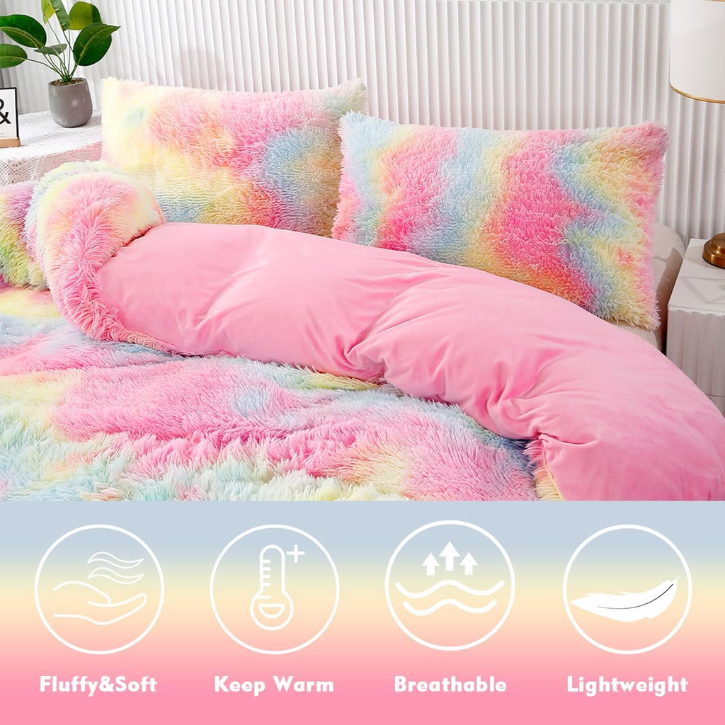 Pink Plush Shaggy Bedding Sets Full 3 Piece Fluffy Faux Fur Girls Comforter Set Soft Tie Dye Velvet Furry Rainbow