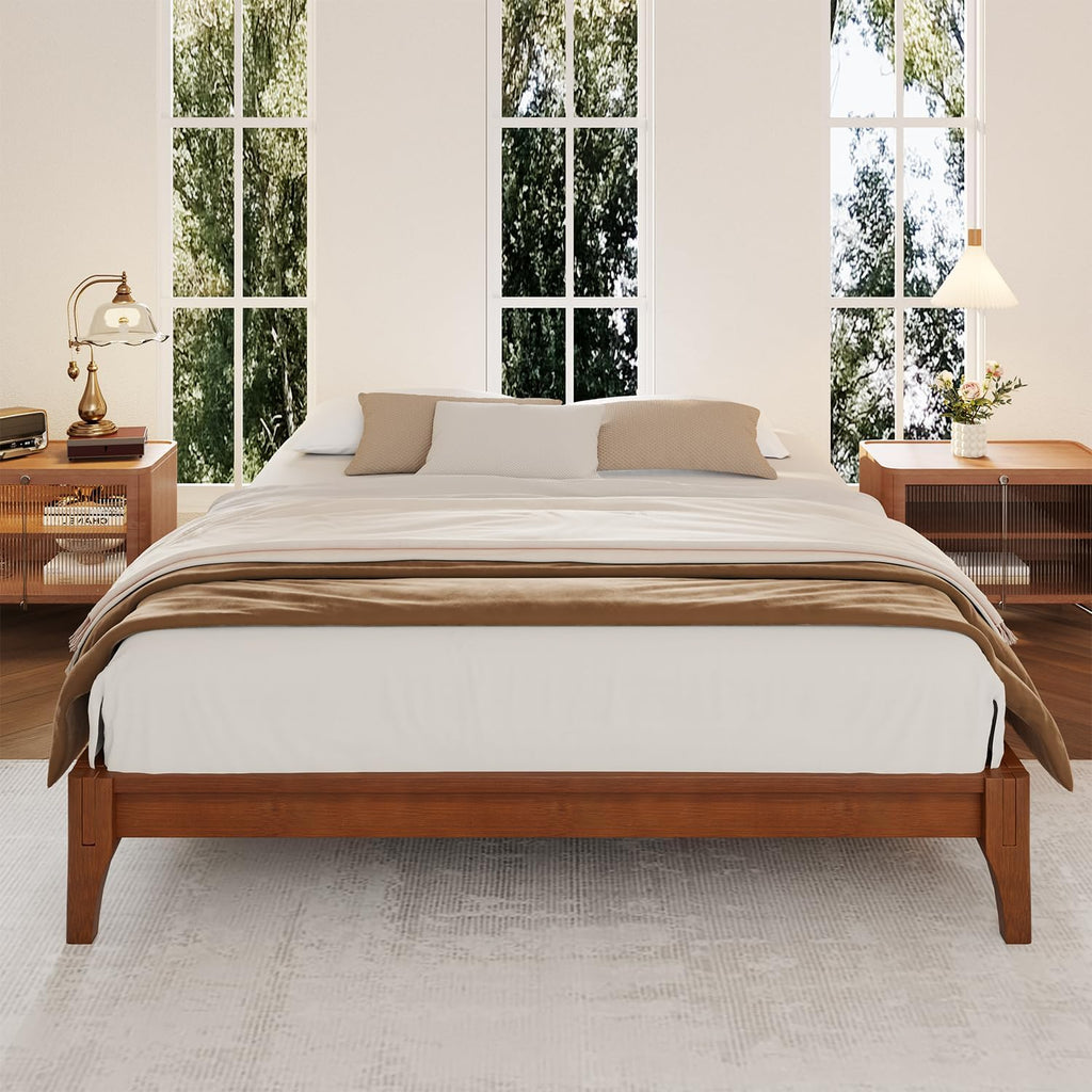 Queen Size Japanese Mid-Century Bamboo Wooden Bed Frame