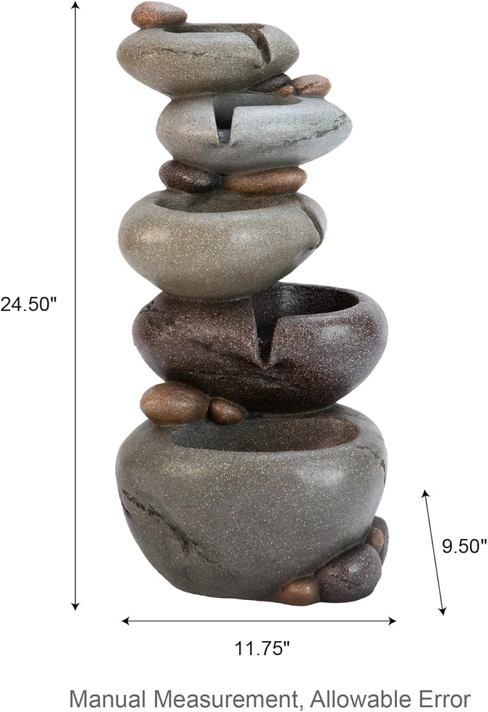 Water Fountain Outdoor, 5-Tiered Stacked Pebbles Outdoor Fountain with LED Lights and Pump, 24.5" H Zen Style
