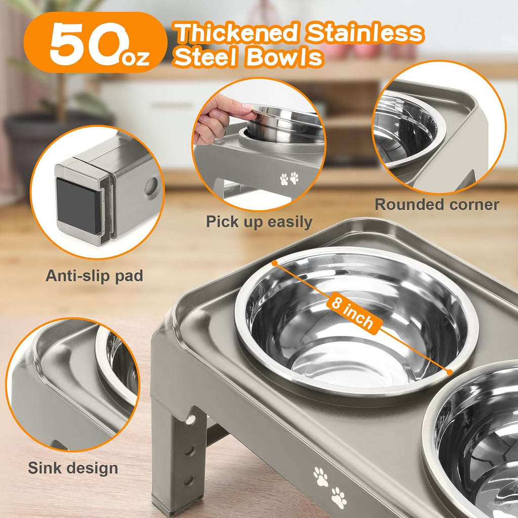 Elevated Bowls, 4 Height Adjustable Raised Stand With 2 Thick 50oz Stainless Steel Food Bowls, Non-Slip Feeder