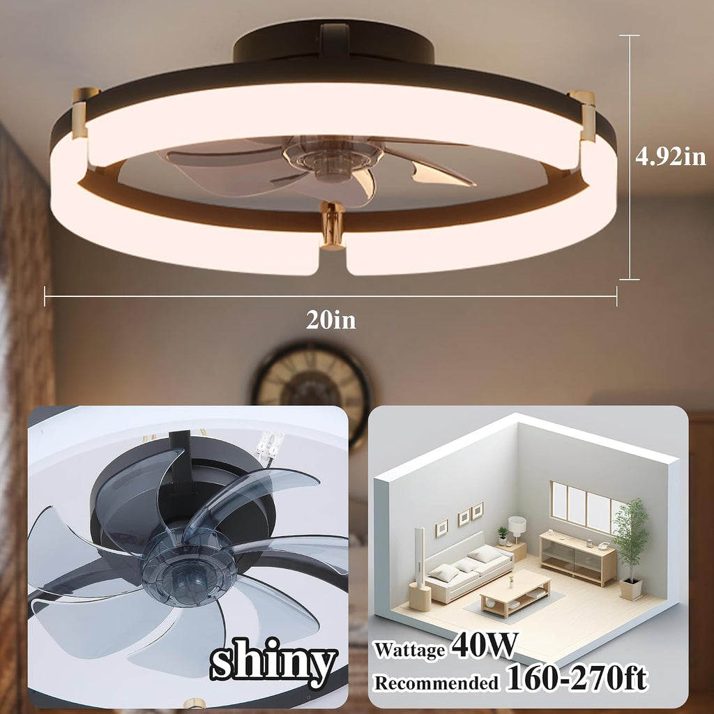 Smart Ceiling Fans with Lights Remote - 20'' WiFi Alexa Flush Mount Low Profile Modern Ceiling Fans - Stepless Color