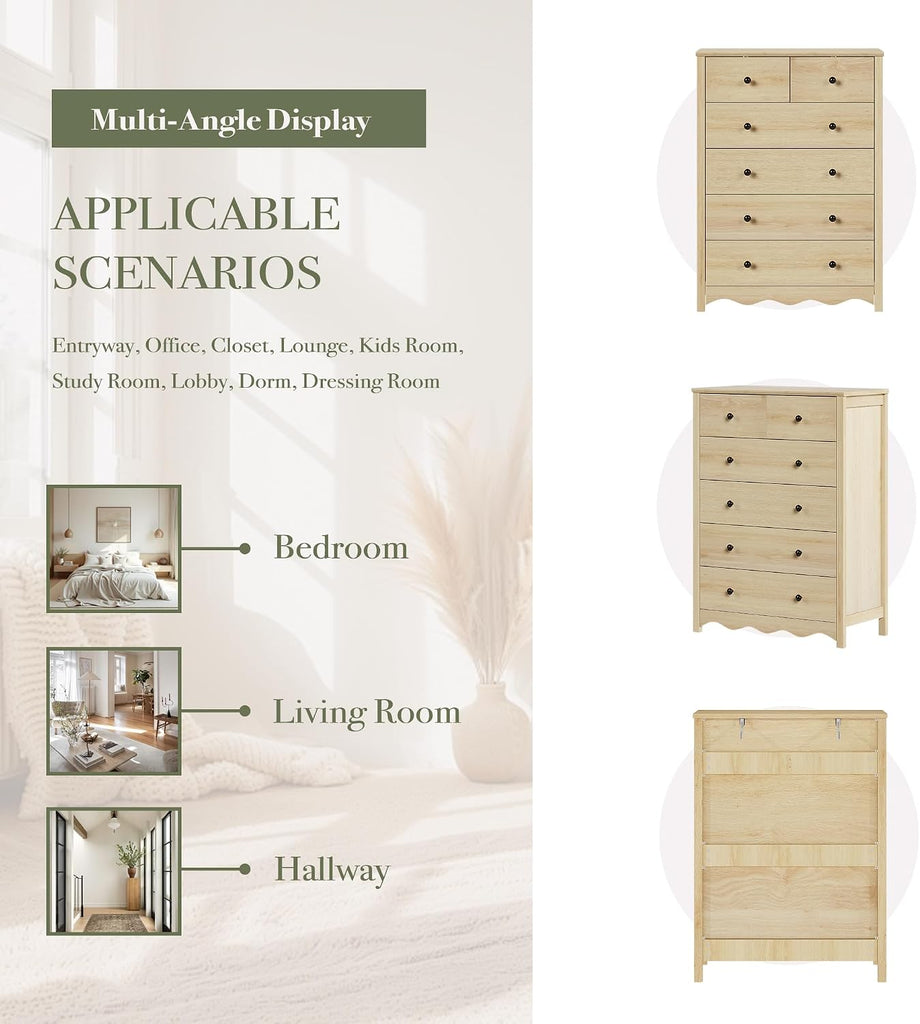 44" Tall Dresser with 6 Drawers (Natural) | Modern, Farmhouse, Metal Handle, Natural, Wood-grain Finish, Organizer