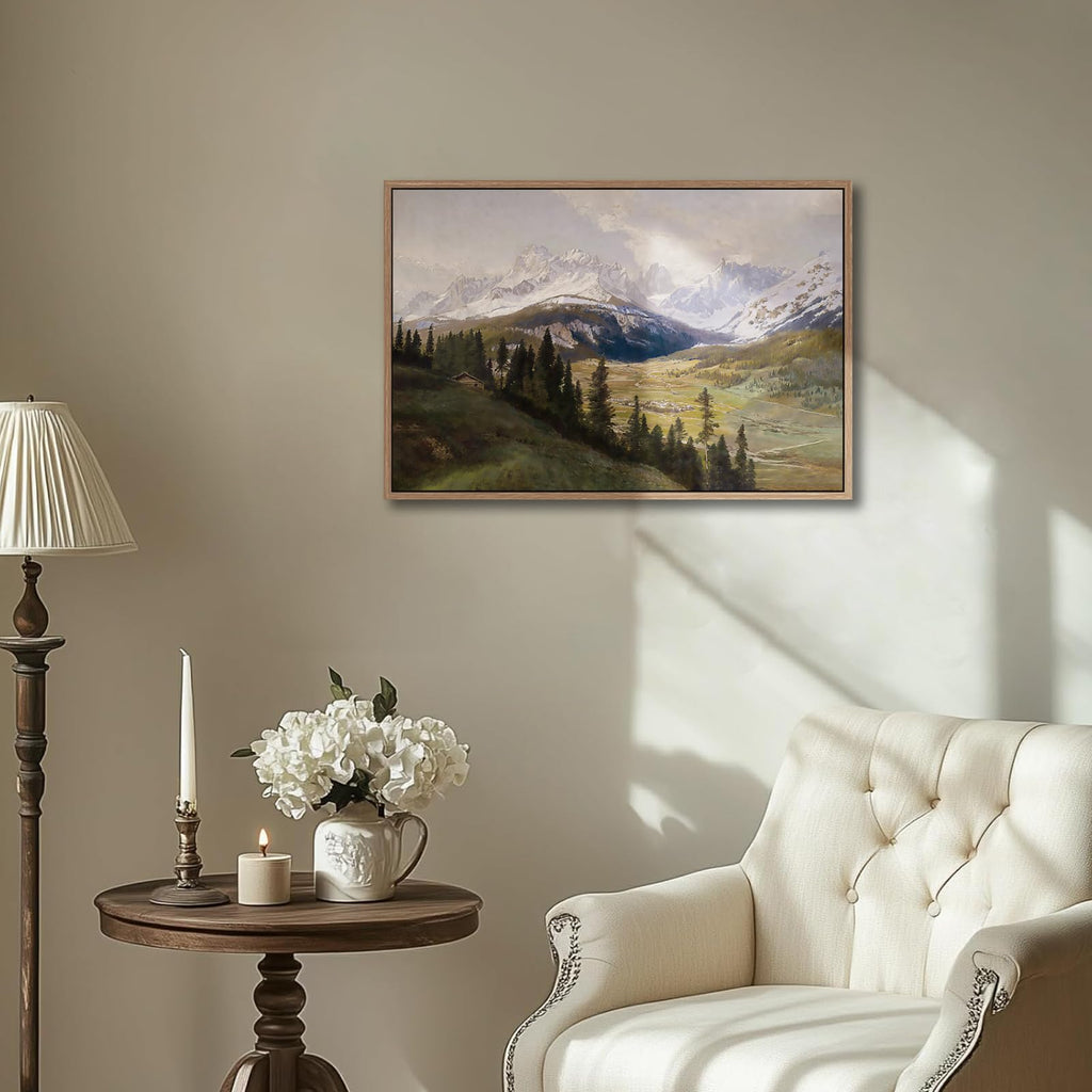 Framed Vintage Mountain Landscape Canvas Wall Art Rustic Farmhouse Pine Tree Picture Print Countryside Cabin Painting