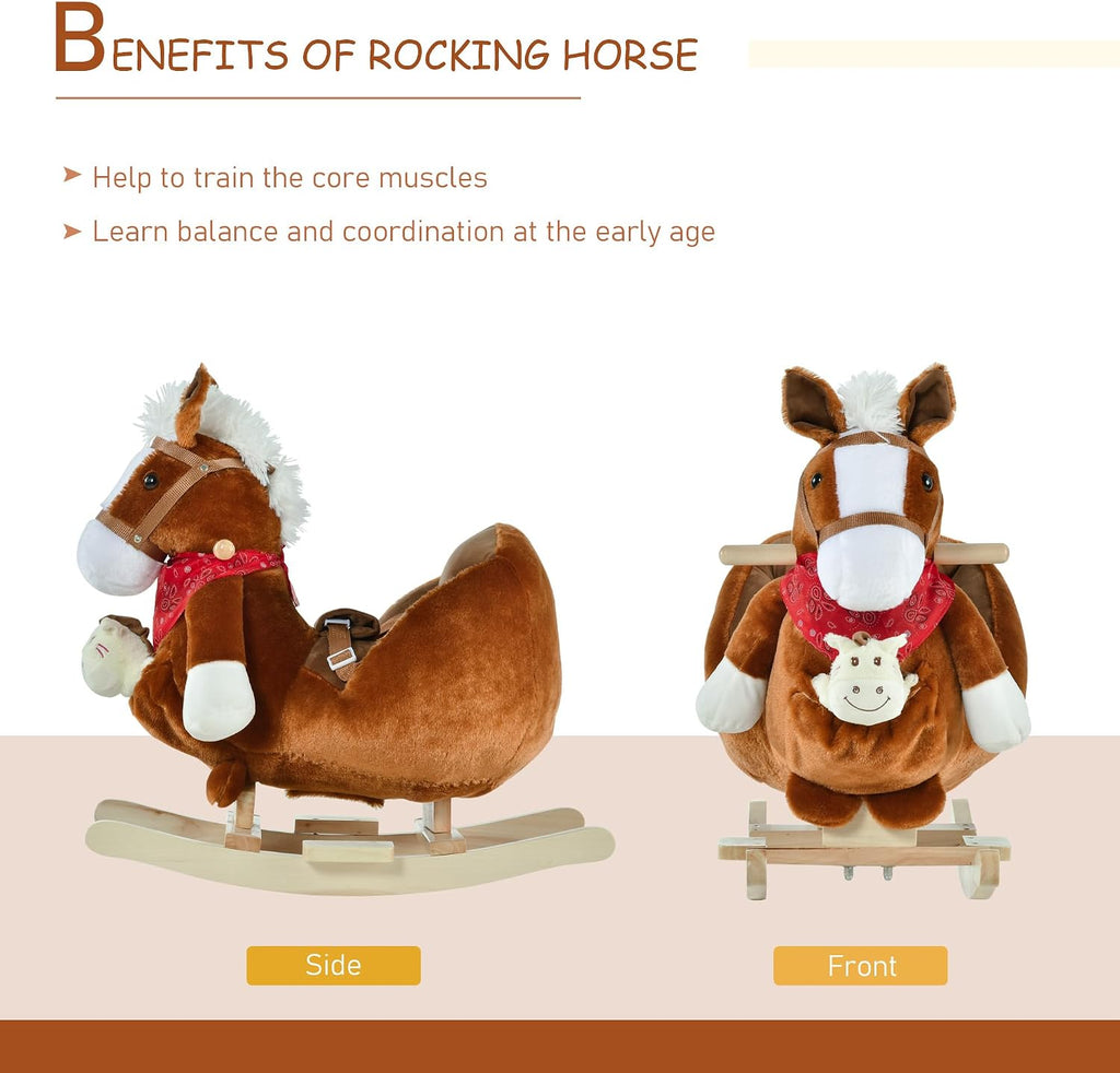 Kids Ride-On Rocking Horse Toy with Lullaby Song 18-36 Months Brown