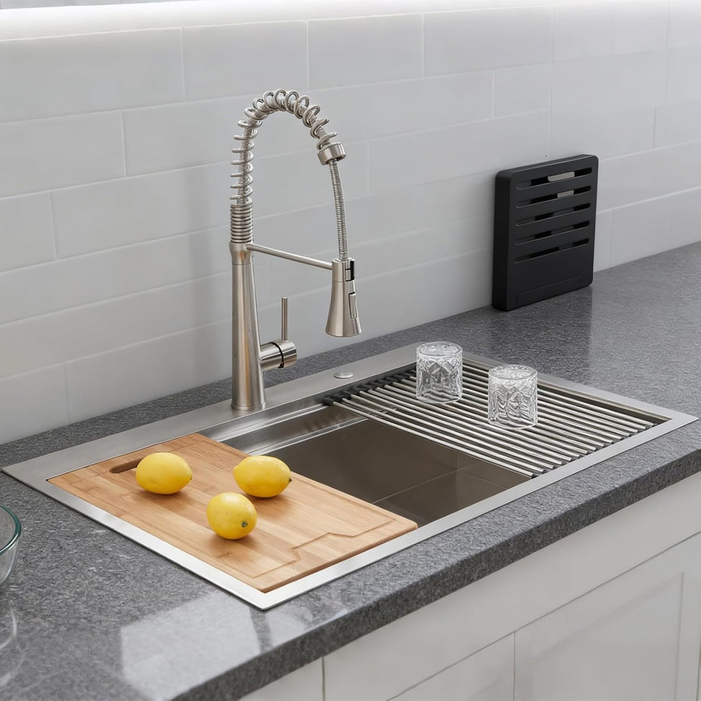 33x22 Inch Drop Sink Workstation, 33 Inch All In One SUS304 Stainless Steel Top Mount Single Bowl Overmount Double