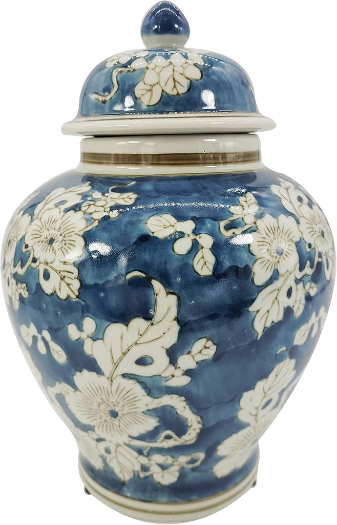 Blue and White Flower Chinoiserie Ginger Jar 12" w/Lid Ginger Jar, Tea Storage Decorative Home Decor Jar