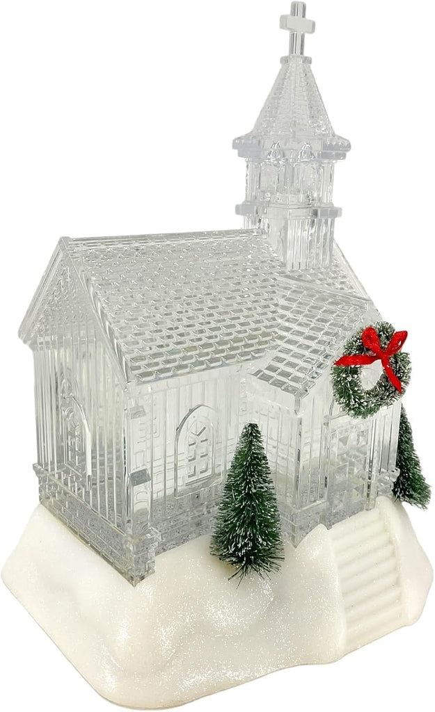 Battery Operated Lighted Holiday Spinning Water Globe Church, 9.25-inch Height