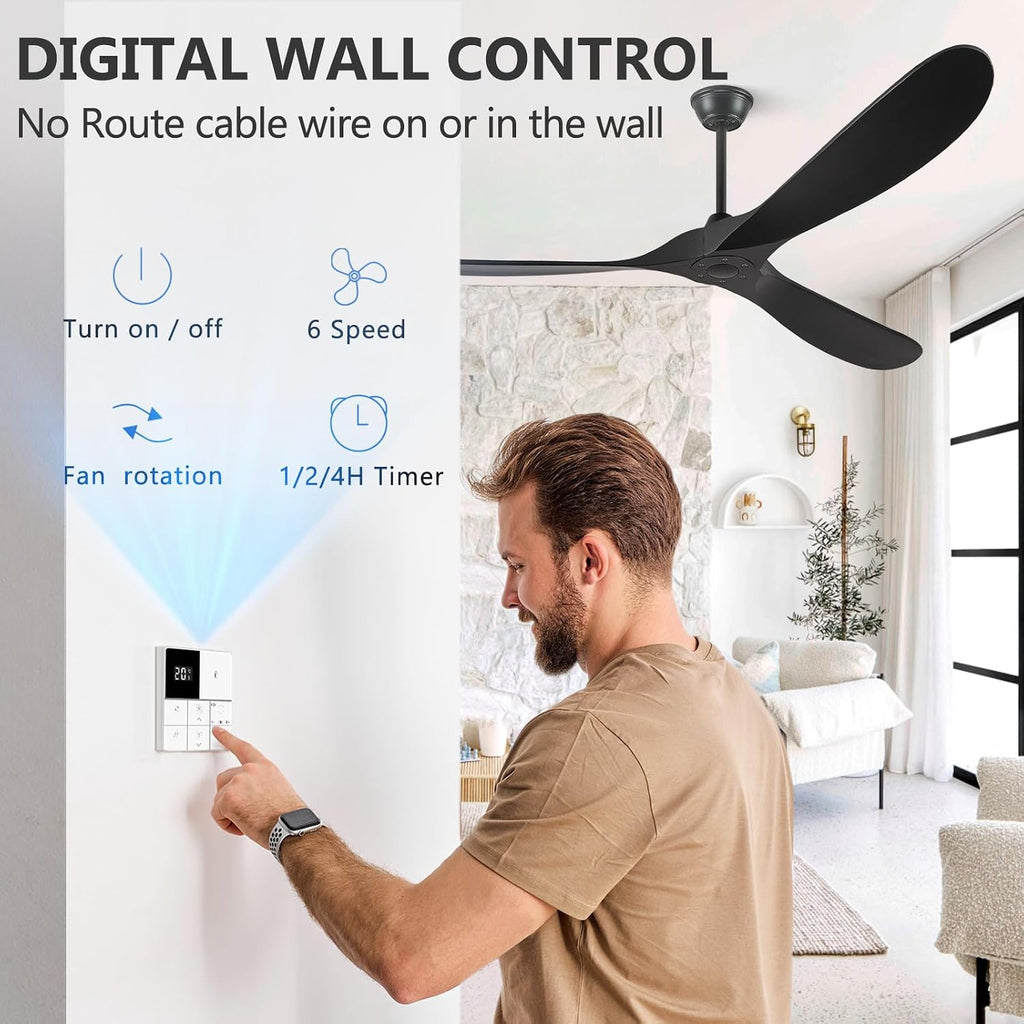 88" Wood Ceiling Fan without Lights, Indoor/Outdoor with Remote - 3 Solid Wood Blades, 6-Speed DC Motor