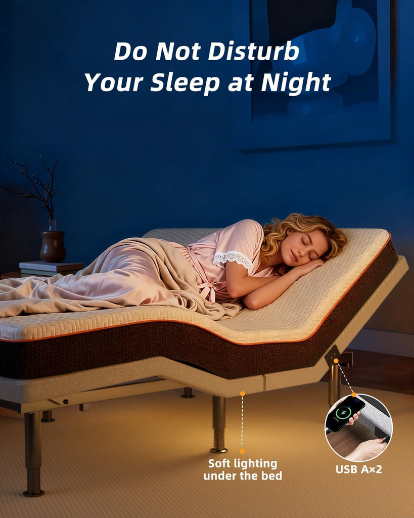 Queen Adjustable Bed Frame with Wireless Remote, Head Foot Incline, USB, Underbed Light - Heavy Duty Platform, Zero