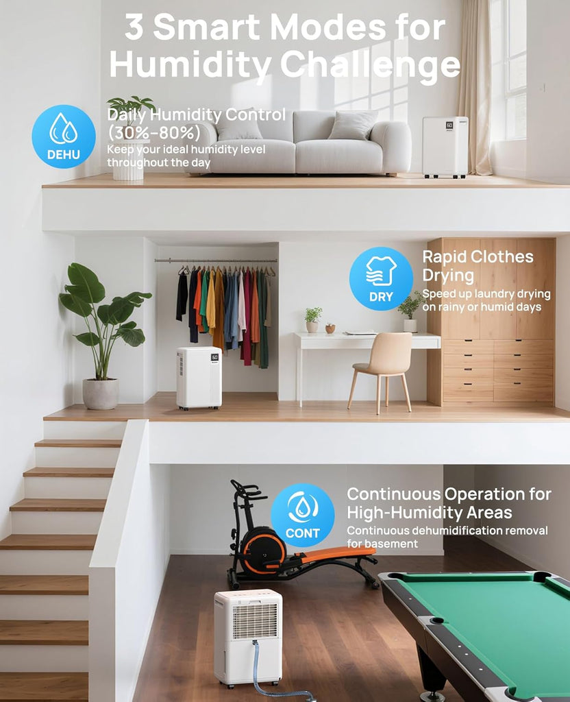 30 Pint Dehumidifier for Basement, 2500 Sq. Ft Dehumidifiers for Home with Drain Hose, 3 Modes, Smart Humidity Control