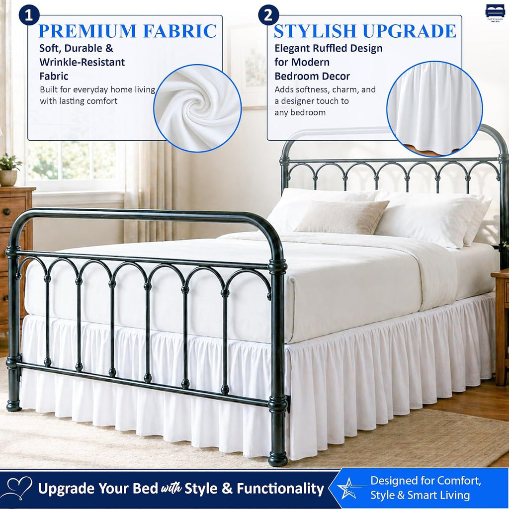 Ruffled Bed Skirt Queen 16-Inch Drop with Split Corners, White | 100% Microfiber Bed Skirts - Soft and Stylish Dust