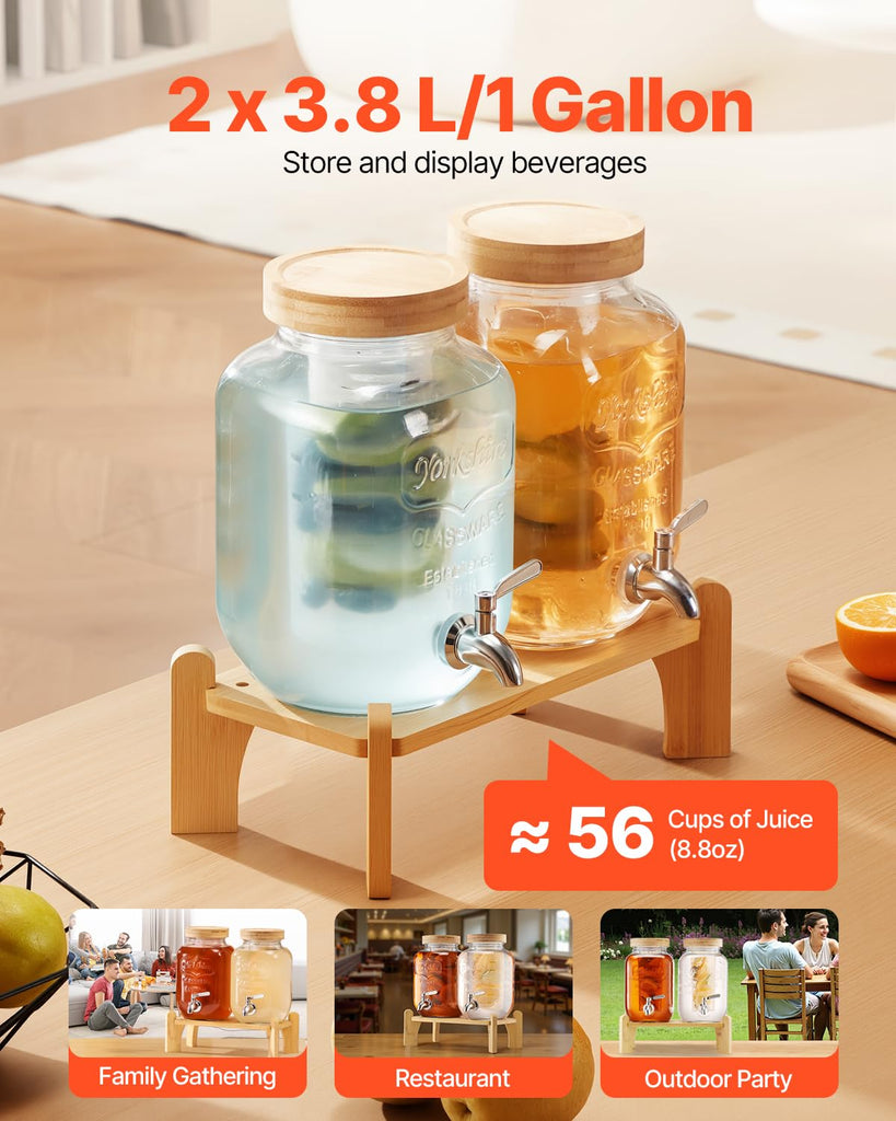 Beverage Dispenser, 2 Pack 1 Gallon Drink Dispensers for Parties, Glass Juice Dispenser with Wood Stand, Stainless