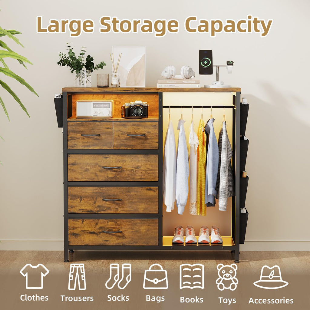 Dresser with Clothes Rack, 5 Drawer Chest with Charging Station & LED