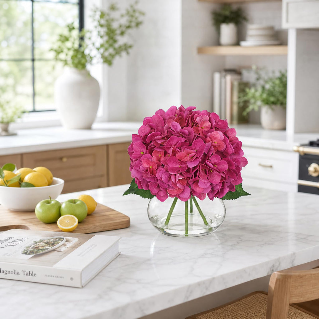 Real Touch Hydrangea with Glass Vase Rose Pink Full Latex Hydrangeas Artificial Flowers in Vase Lifelike Bouquets
