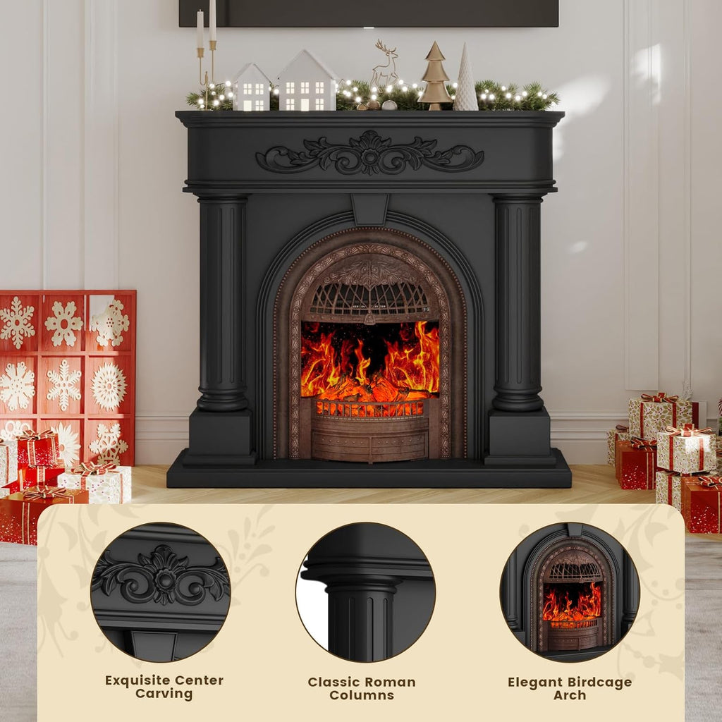 50 Inch Solid Wood Electric Fireplace with Mantel, Roman Column Fireplace TV Stand with Birdcage Heater Insert, Antique Bronze Finish