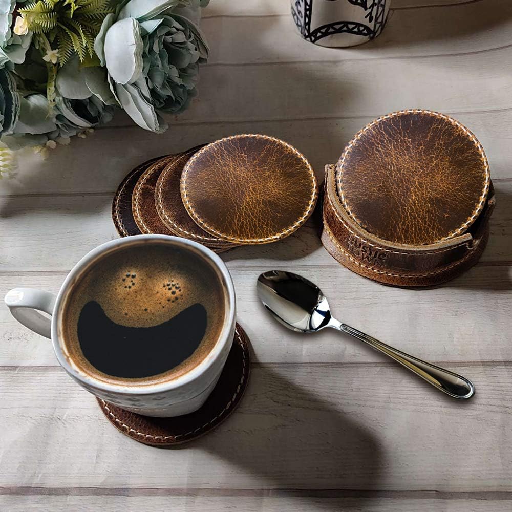 Leather Coasters for Drinks - Cup Coasters Coffee Table Kitchen Table Bar, Home & Office Gifts Handmade Drink Coasters - Set of 6