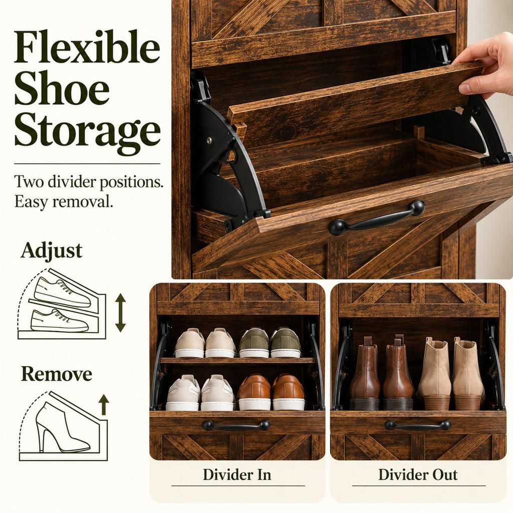 Shoe Cabinet with 3 Flip Drawers, Farmhouse Shoe Storage, Wooden Shoe Organizer Cabinet with Adjustable Shelves