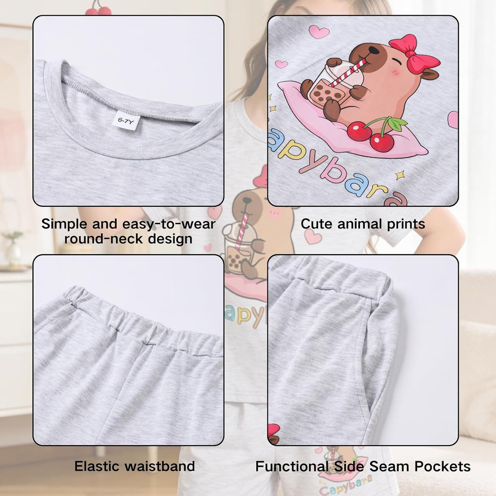 Girls Summer Clothes Cute Capybara Print & Cherry Bow Short Sleeve Shorts Set Tween Girl Outfits