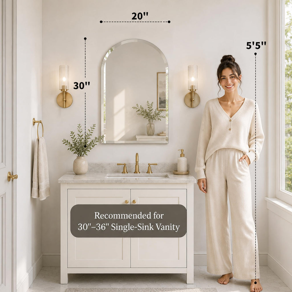 20x30 Inch Arch Top Frameless Beveled Wall Mirror for Vanity