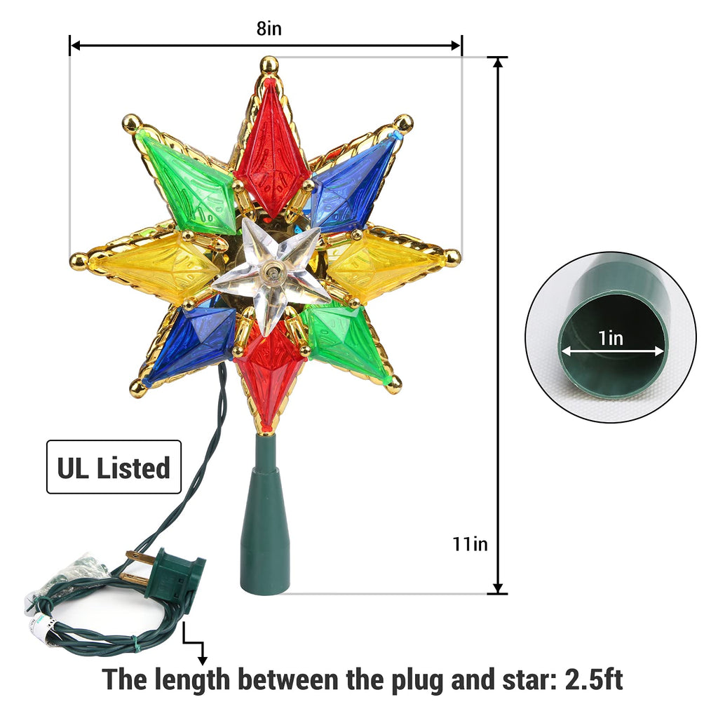 Christmas Star Tree Topper, 8" Lighted Double-Sided Christmas Tree Topper, 8-Point Multi Color Xmas Tree Topper with